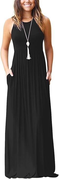 GRECERELLE Women's Sleeveless Racerback Loose Plain Maxi Dresses Casual Long Dresses with Pockets | Amazon (US)