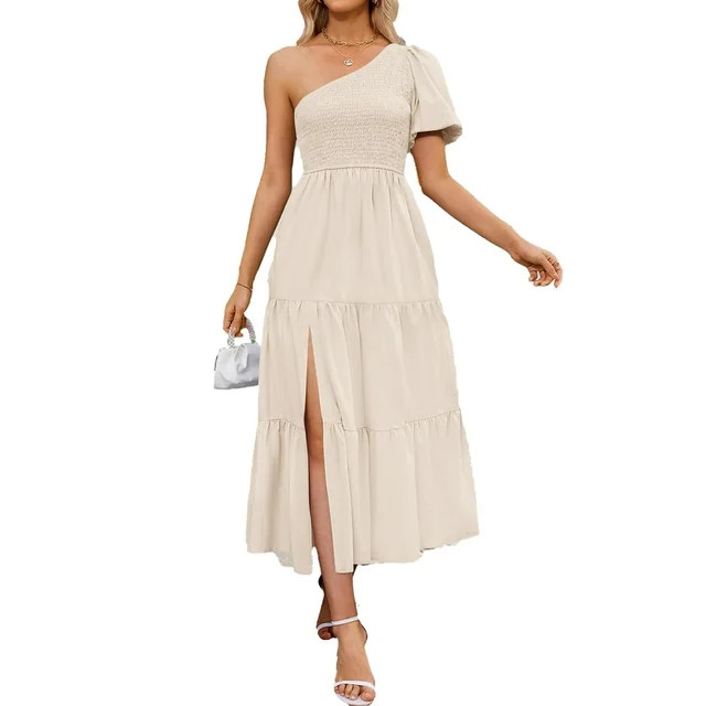 YOGAFOX Women One Shoulder Short Sleeve Side Split Ruffle Midi Dress Apricot M | Walmart (US)