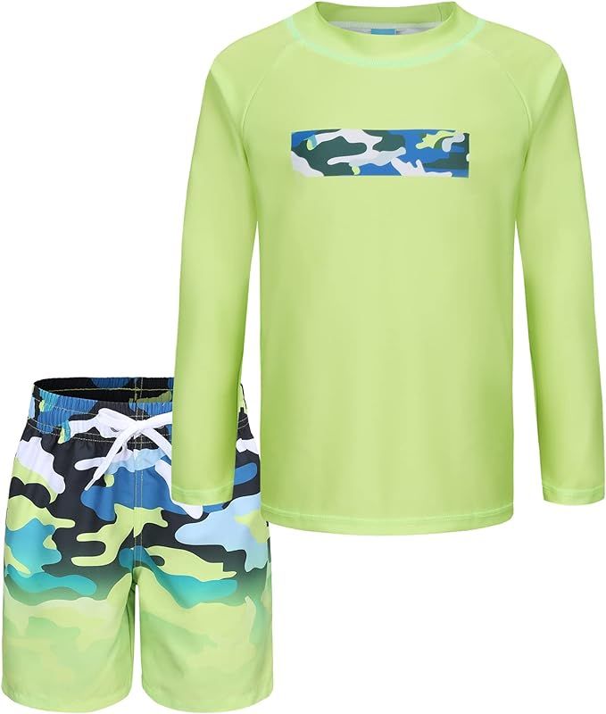 Boys Two Piece Rash Guard Swimsuits Set with Swim Trunk Kids Long Sleeve Bathing Suit Swimwear Se... | Amazon (US)