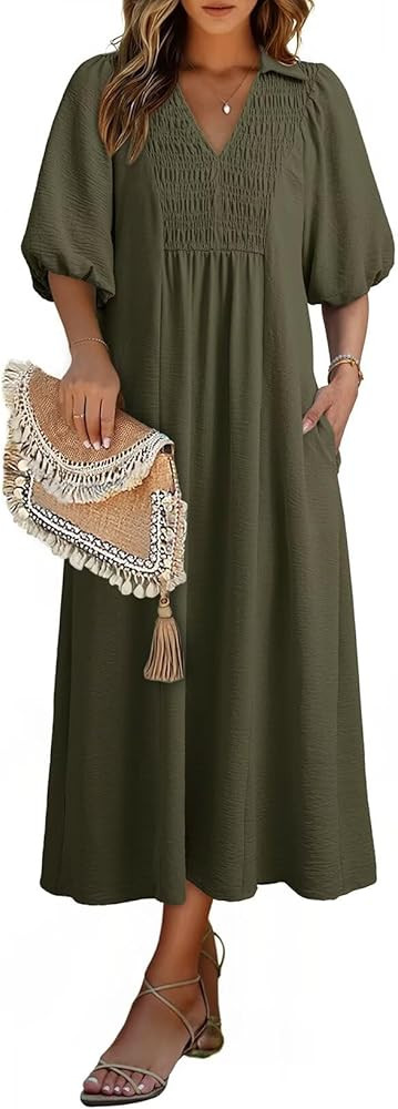 Dokotoo Summer Dresses for Women 2026 Casual Dresses V Neck Puff Sleeve Empire Waist A-Line Maxi ... | Amazon (US)