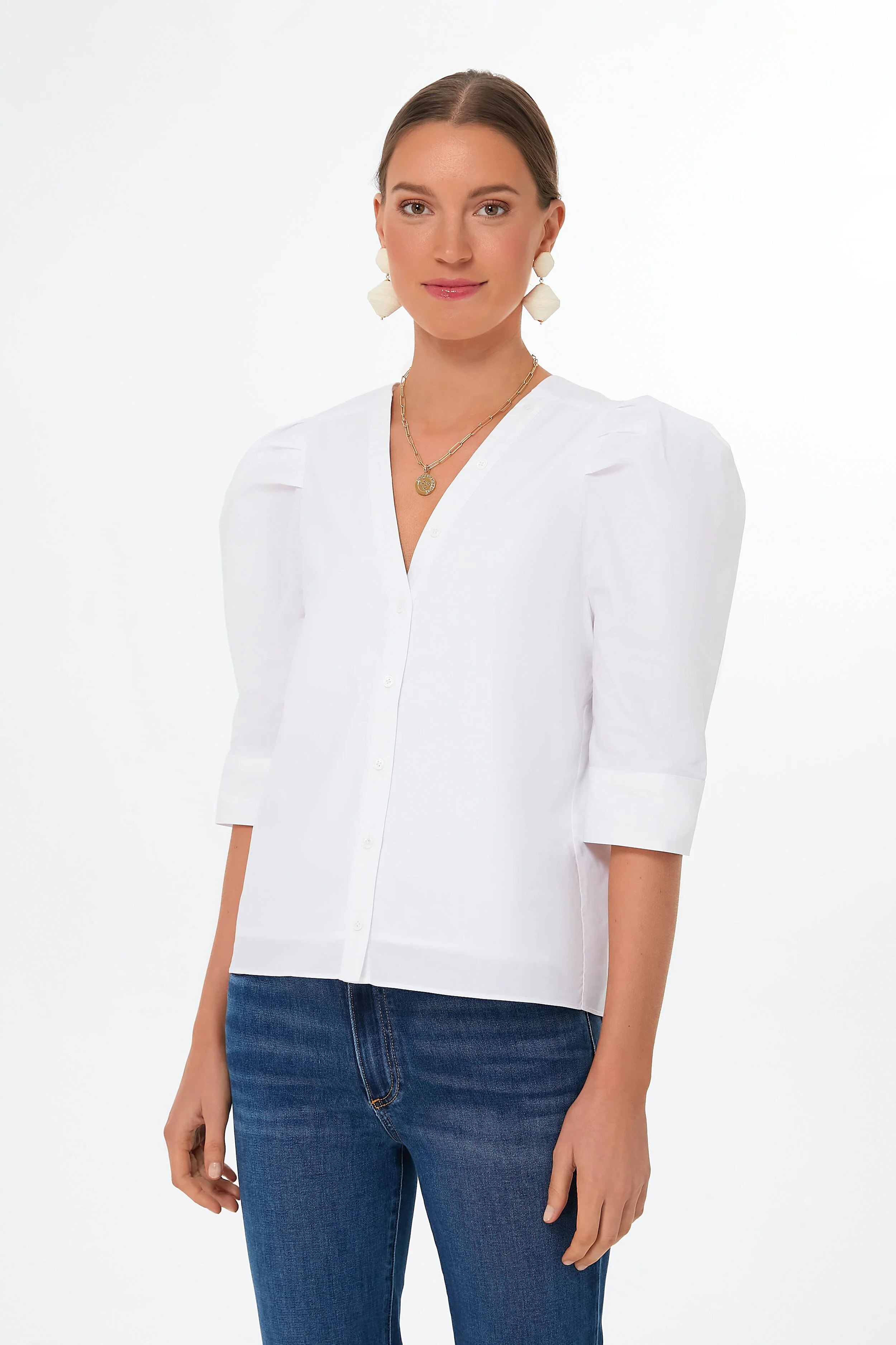 White V-Neck Puff Sleeve Kit Blouse | Tuckernuck (US)
