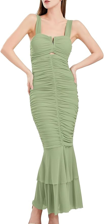 ebossy Women's Sexy Backless Zipper Pleated Ruffles Mermaid Fishtail Evening Party Bodycon Maxi D... | Amazon (US)