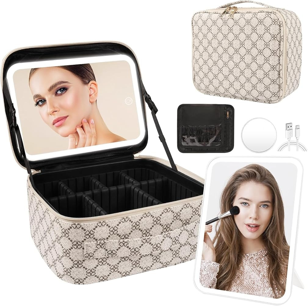 Makeup Bag with Lighted Mirror, Travel Make up Train Case with Adjustable Brightness Vanity Mirro... | Amazon (US)