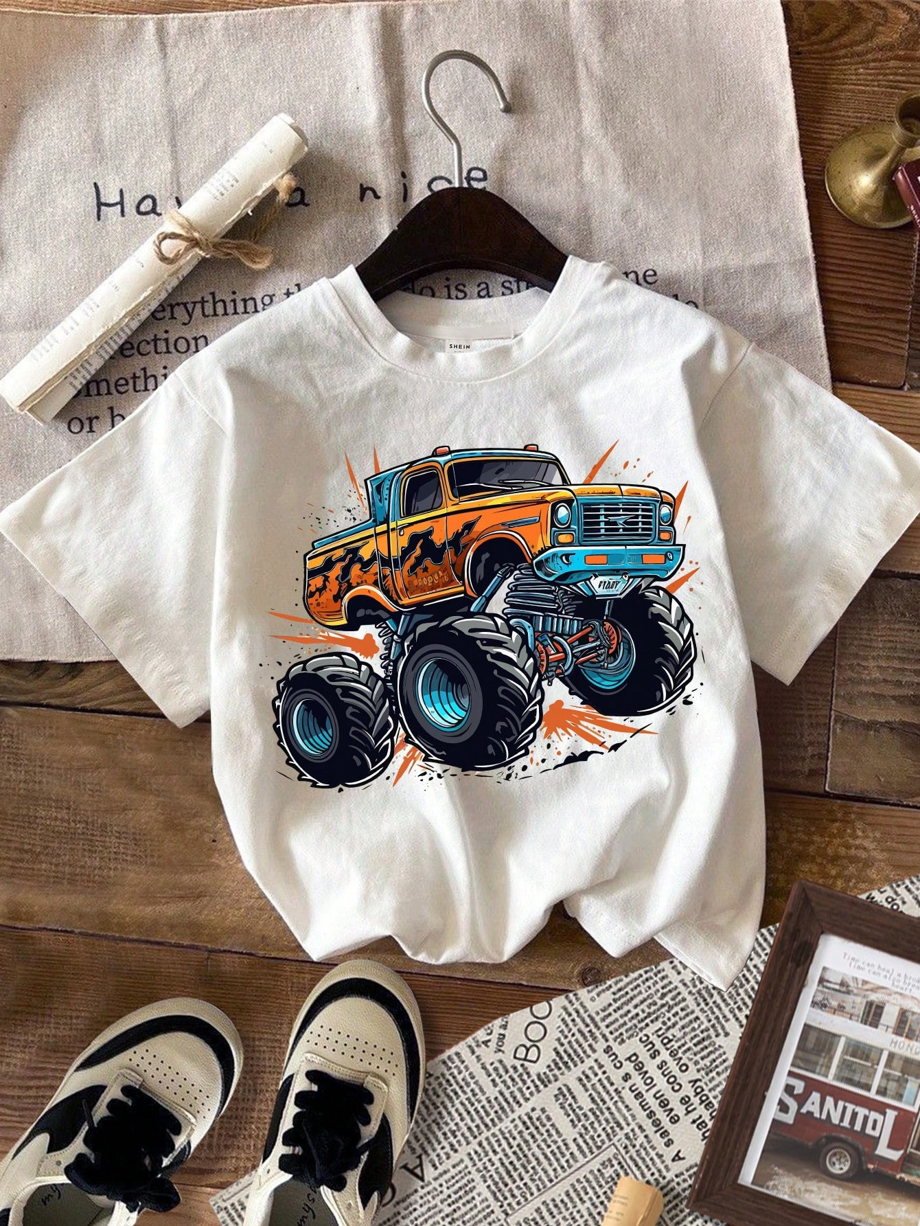 SHEIN Young Boy Casual Simple Car & Monster Truck Print Short Sleeve Crew Neck T-Shirt, Suitable ... | SHEIN