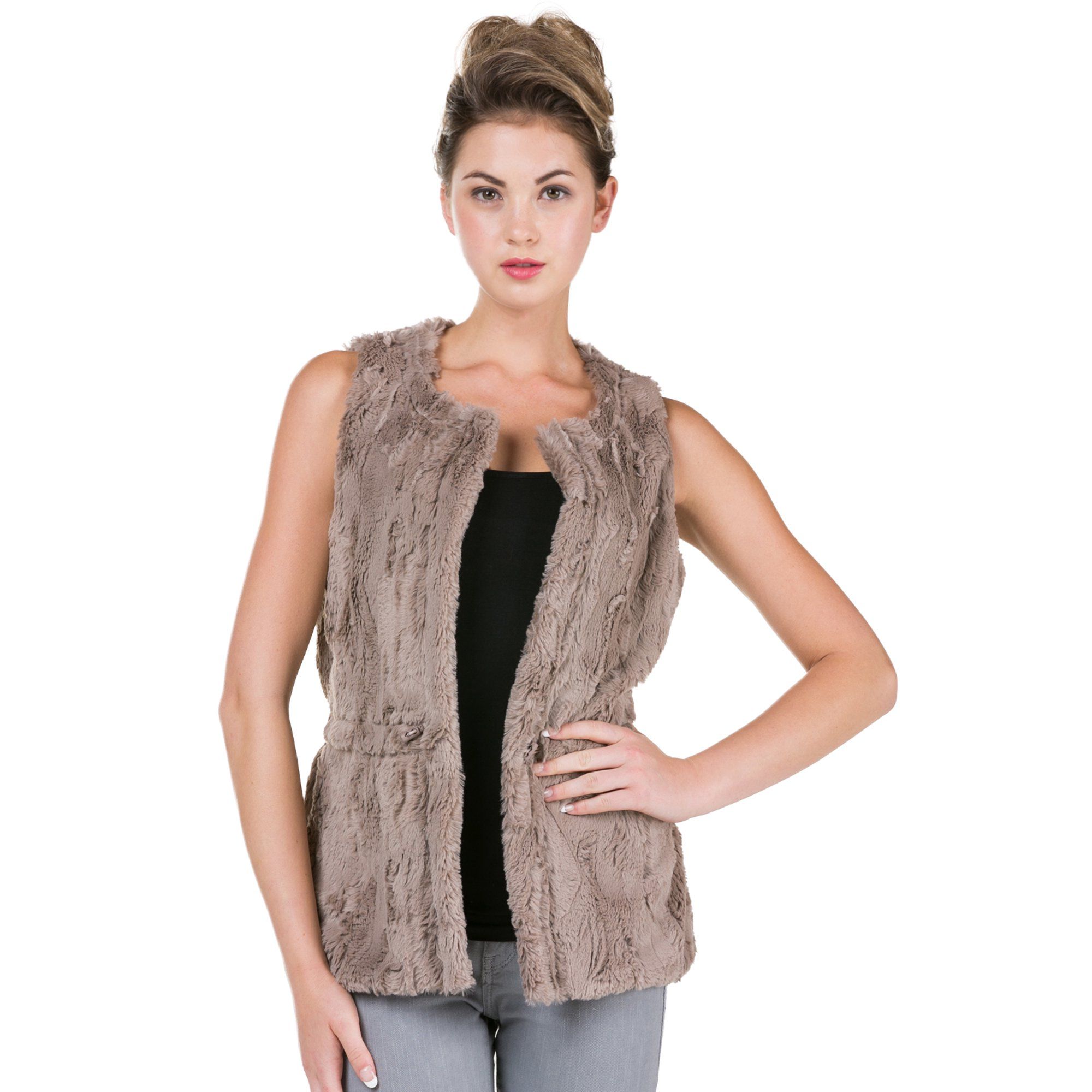 Women's Round Neck Faux Fur Open Vest (MOCHA, MEDIUM) | Walmart (US)