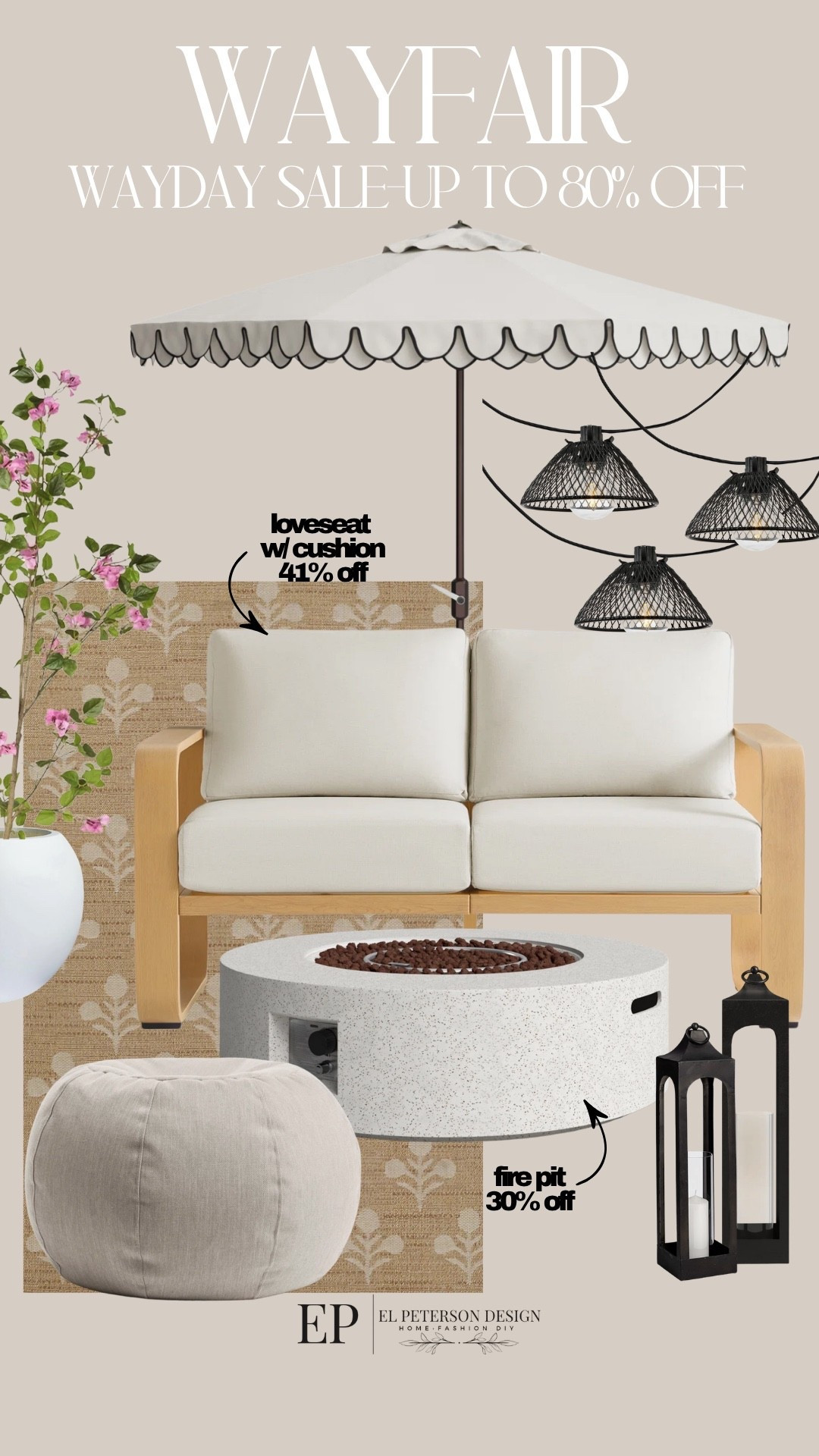 Wayfair Wayday Sale
Outdoor umbrella
Loveseat
Rug
Lanterns
Fire pit
Ottoman
Planter 
String light 

#LTKSaleAlert #LTKHome