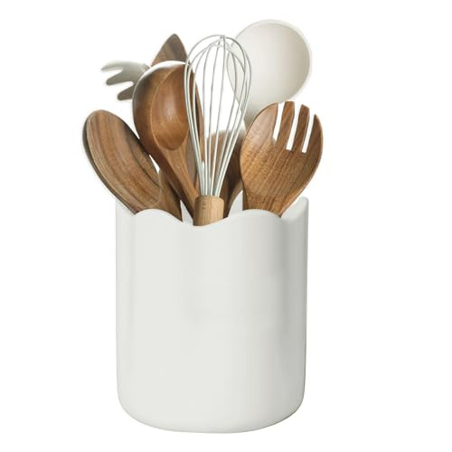 LYRIMEAI Ceramic Utensil Holder for Kitchen Counter, 6.2" Large Kitchen Utensil Holder for Countertop with Cork Bottom, Cooking Tool Organizer for Spatula, Matte White | Amazon (US)