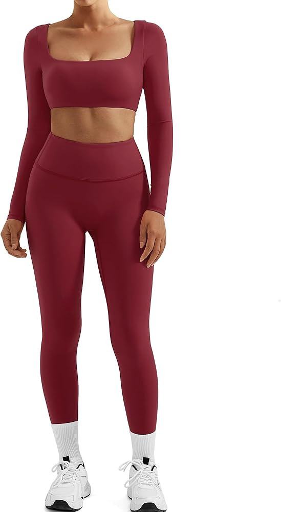 SUUKSESS Women 2 Piece Workout Sets Compression Tummy Control Leggings with Pockets Long Sleeve S... | Amazon (US)