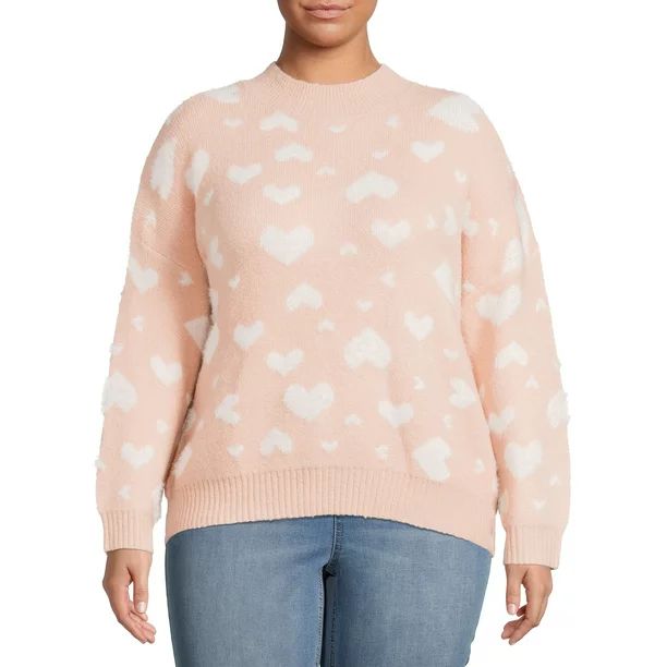 Dreamers by Debut Fuzzy Heart Mock Neck Pullover Sweater - Walmart.com | Walmart (US)