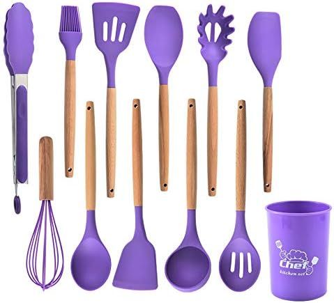 Kitchen Cookware Set, 12 Piece Nonstick Silicone Cookware Spatula Set with Stand, Wood Handle Hea... | Amazon (US)