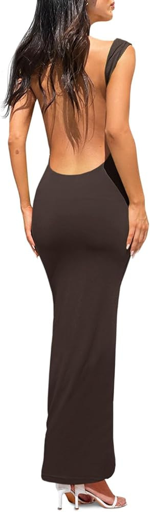 Wenrine Womens Sexy Backless Maxi Dress Bodycon Cowl Neck Sleeveless Party Club Dresses | Amazon (US)