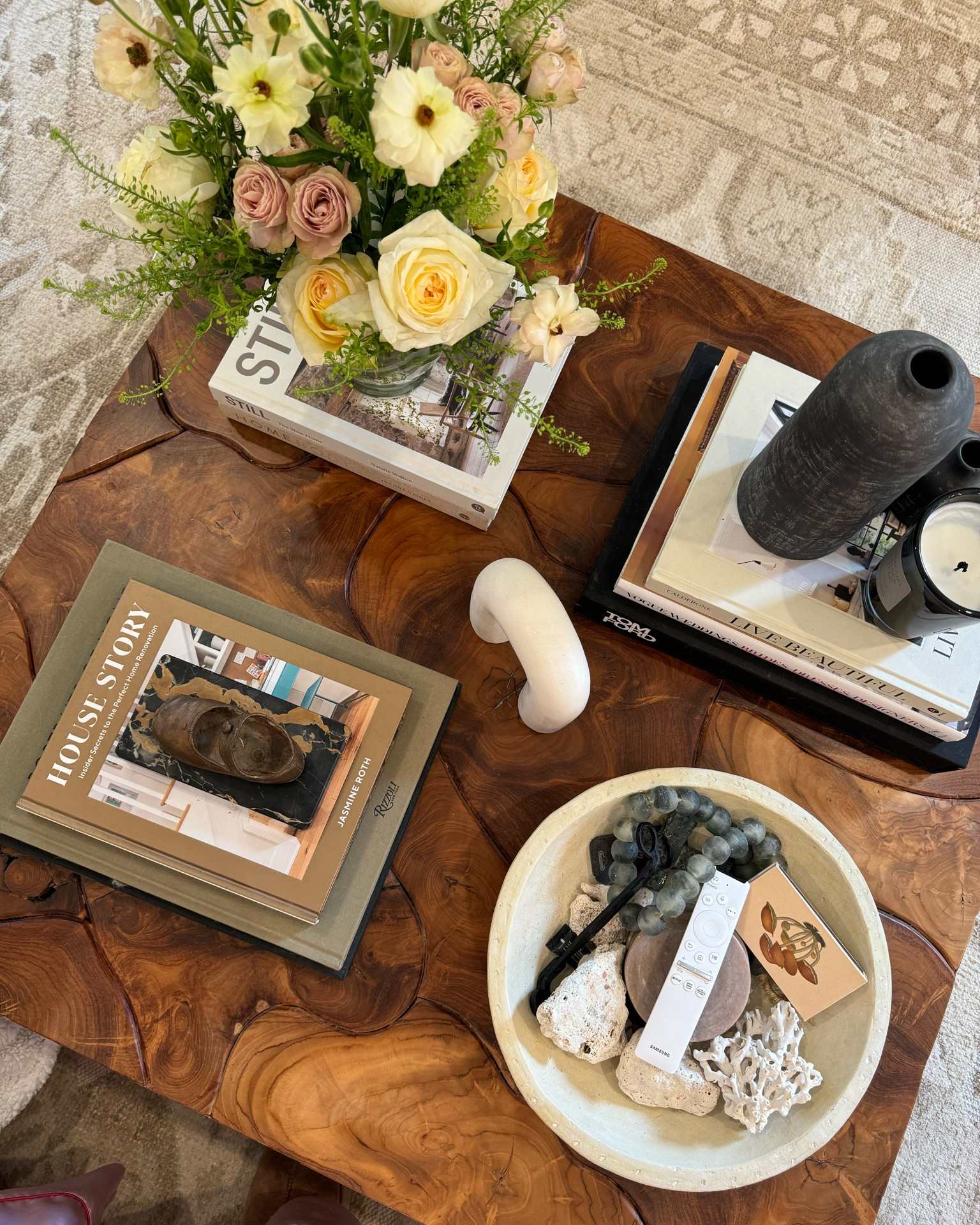 Coffee Table Styling | when shopping for home decor, I look for organic textures like marble, wood, greenery, and linen. Textures bring out personality in neutral color styling. Linked are my favorite coffee table books, bowls, candles and vases. Amazon and Target mixed with antique/vintage pieces. 