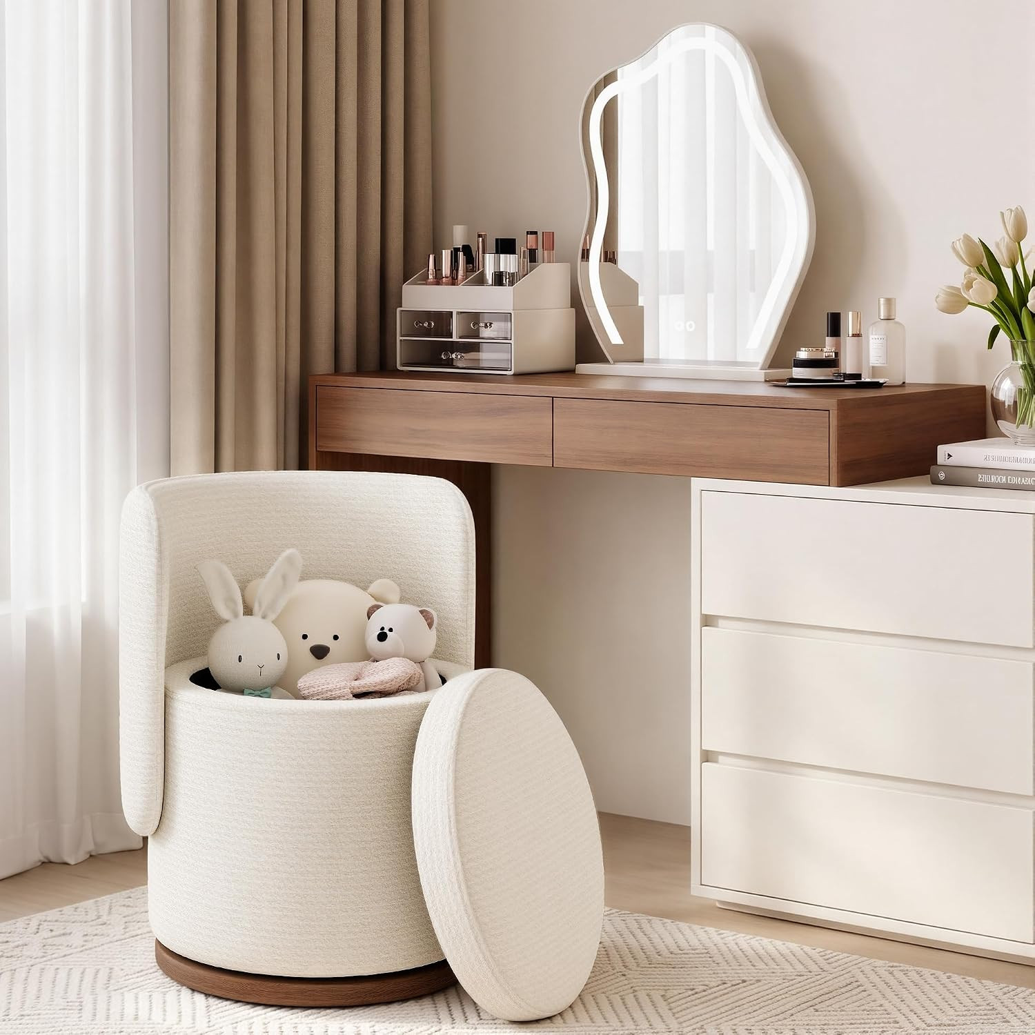 Ottoman with Storage, Round Vanity Stool with Back | Amazon (US)