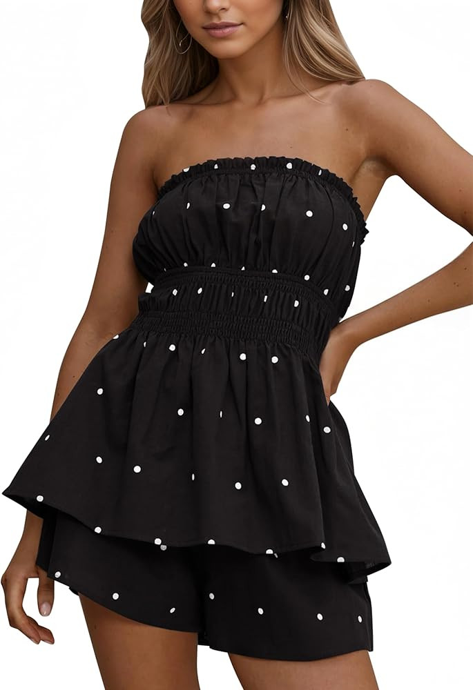 Summer Polka Dot Set For Women Ruffle Tube Tops Wide Leg 2 Piece Short Set Matching Lounge Set Be... | Amazon (US)
