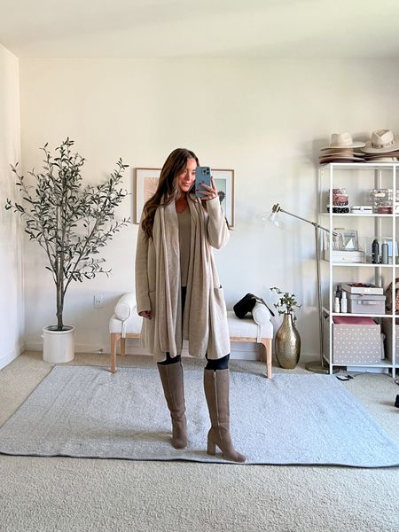The perfect pulled together but comfy outfit. This one would make for a great Thanksgiving Day outfit or family or friend get together outfit as it’s super comfortable!

Size down in cardigan, I’m wearing a small
Boots, size up half size!S
panx faux leather leggings, size medium 

#LTKSeasonal #LTKshoecrush #LTKmidsize