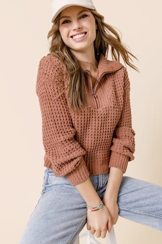 Amber Waffle Quarter Zip Sweater | Francesca's