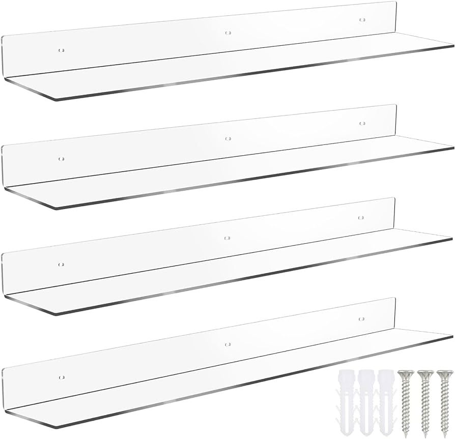 4 Pack 36 Inches Acrylic Floating Shelves Clear Wall Mounted Shelf Long Ledge Bookshelf Invisible... | Amazon (US)