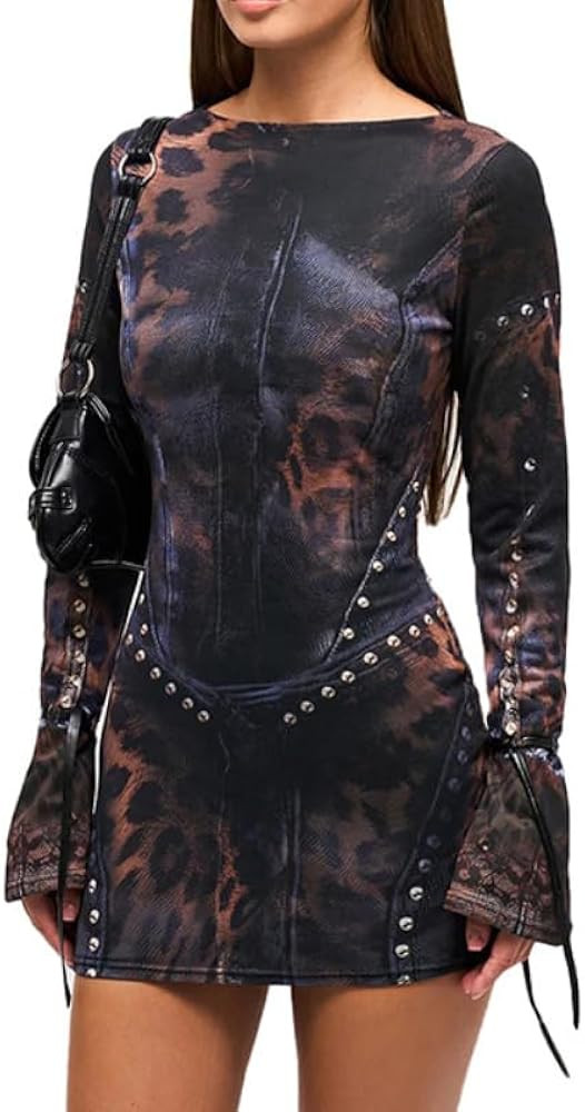 Women's Sexy Bodycon Leopard Print Dress Y2k Long Sleeve Rivet Design Mini Wrap Dress Club Party ... | Amazon (US)