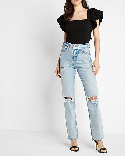 Square Neck Eyelet Sleeve Tie Back Tee | Express