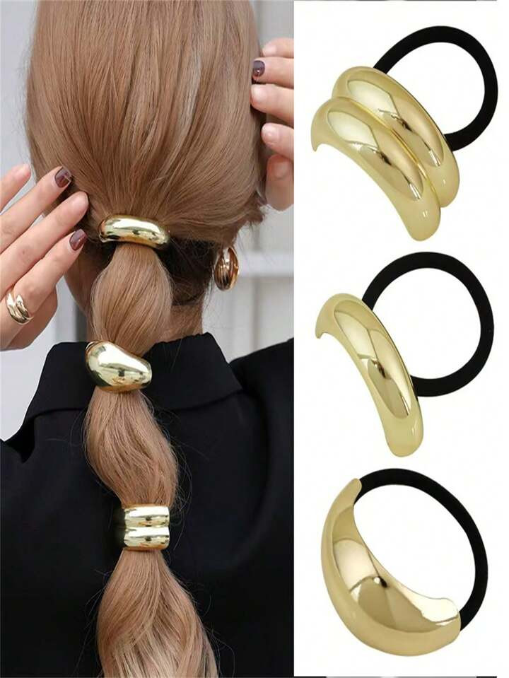 3pcs Gold Metal Headbands, Elegant, Versatile, Stretchy Ponytail Holder Hair Accessories For Wome... | SHEIN