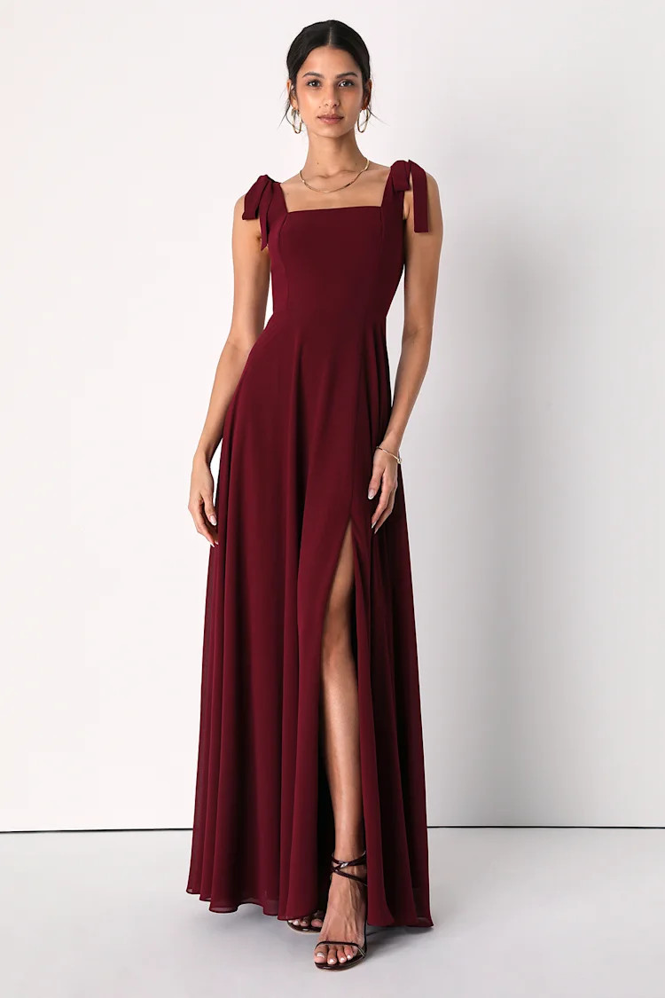 Love Me Forever Burgundy Tie-Strap Square Neck Maxi Dress | Lulus