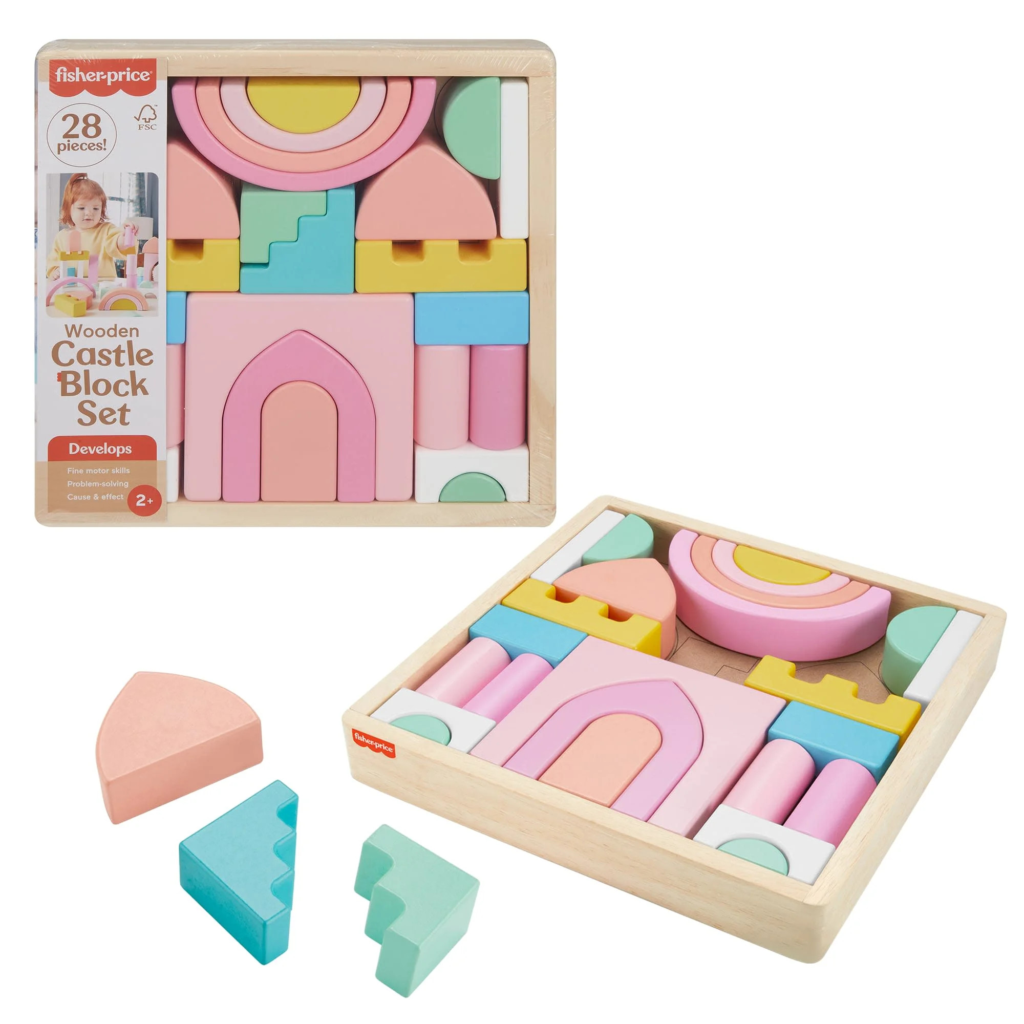 Fisher-Price Wooden Pink Castle Building Block Set, Stacking Pretend Play for Toddlers 2+, 28 Pie... | Walmart (US)