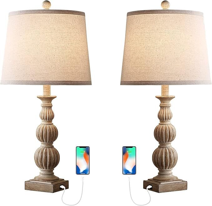 Rustic Table Lamp Set of 2, Farmhouse Bedside Lamps with Dual USB Ports, 26“ Nightstand Lamps f... | Amazon (US)