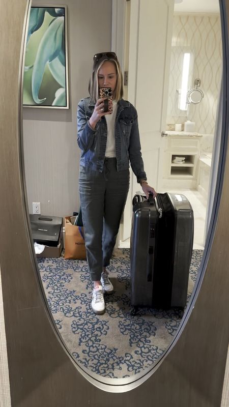 Travel outfit-


Fashionably late mom
Olive linen joggers
White tee
Denim jacket
Golden goose ballstar
Quay sunglasses 
Suitcase
Luggage
Spring outfit 


#LTKstyletip