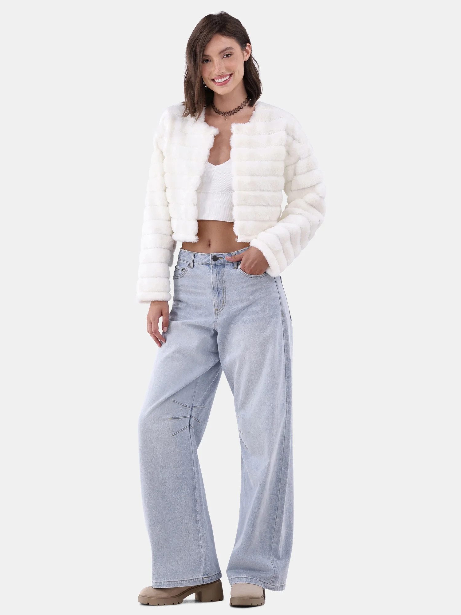 No Boundaries Quilted Faux Fur Jacket, Women's and Women's Plus - Walmart.com | Walmart (US)