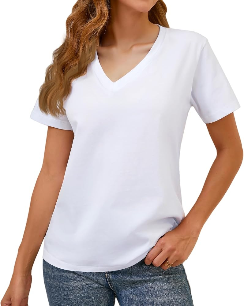100% Cotton V Neck Short Sleeve T Shirts for Women, Plain T-Shirt，Basic Tees | Amazon (US)