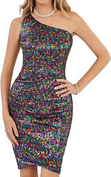 GRACE KARIN Womens Sequin Dress Sparkly Glitter One Shoulder Party Club Dress Wrap Hem Ruched Coc... | Amazon (US)