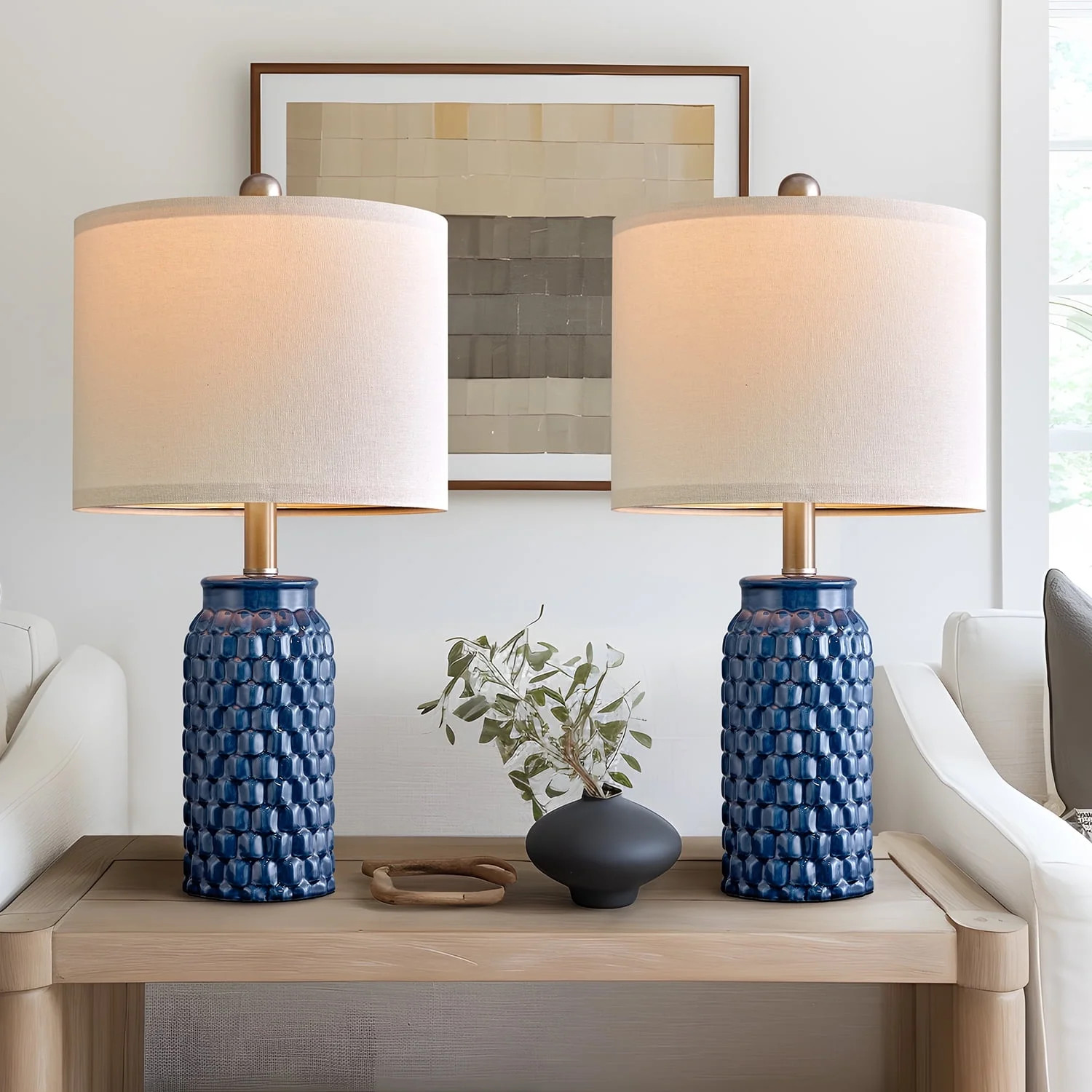 Oneach Modern Table Lamp Set of 2 for Bedroom Living Room 20.5" Contemporary Dark Blue Ceramic Be... | Walmart (US)