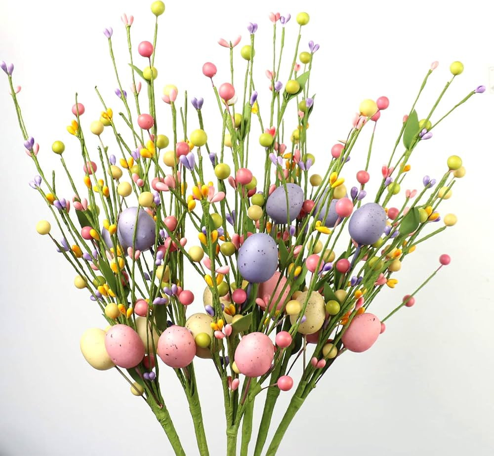 J'FLORU 6 pcs Artificial Easter Stems, Colorful Berry Picks Berry Stems with Easter Eggs for Home... | Amazon (US)