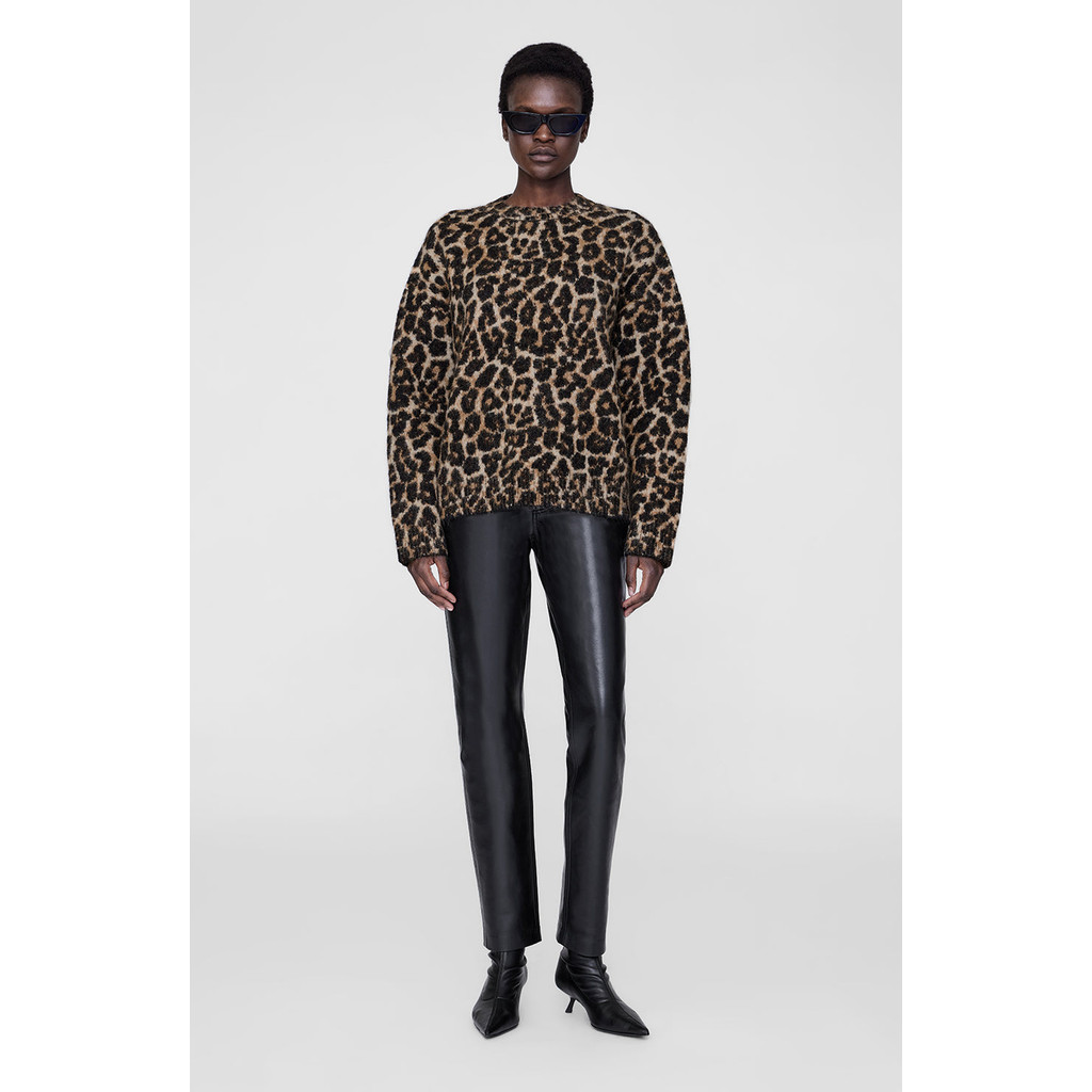 ANINE BING Sydney Crew Sweater in Black /Brown Leopard at Nordstrom, Size Small | Nordstrom