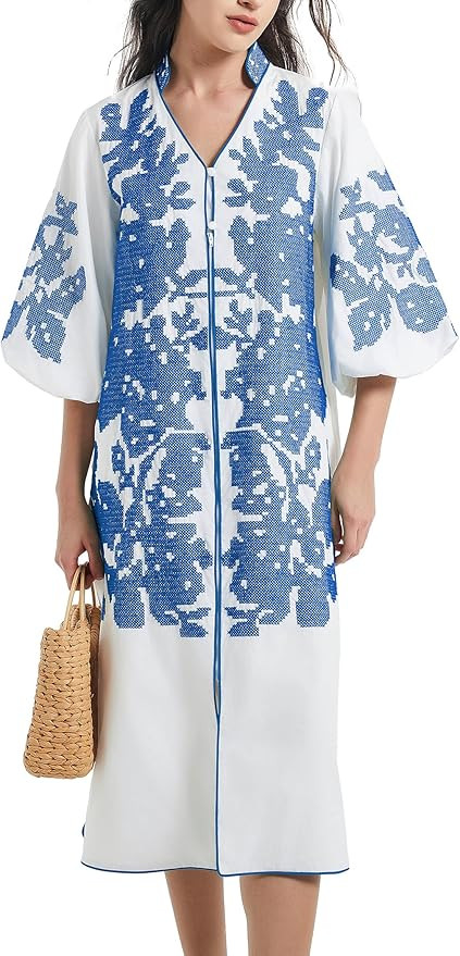 D-Sun Women Floral Embroidery Mid Dress Casual V-Neck 3/4 Sleeves Fall Winter Tunic Loose Zip Par... | Amazon (US)