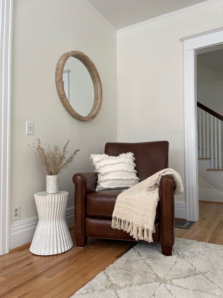 Modern living room decor with leather recliner. #neutral #interiordesign #modern #potterybarn 