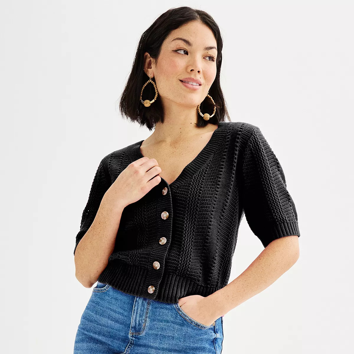 Women's Sonoma Goods For Life® Short Sleeve Crochet V-Neck Cardigan | Kohl's