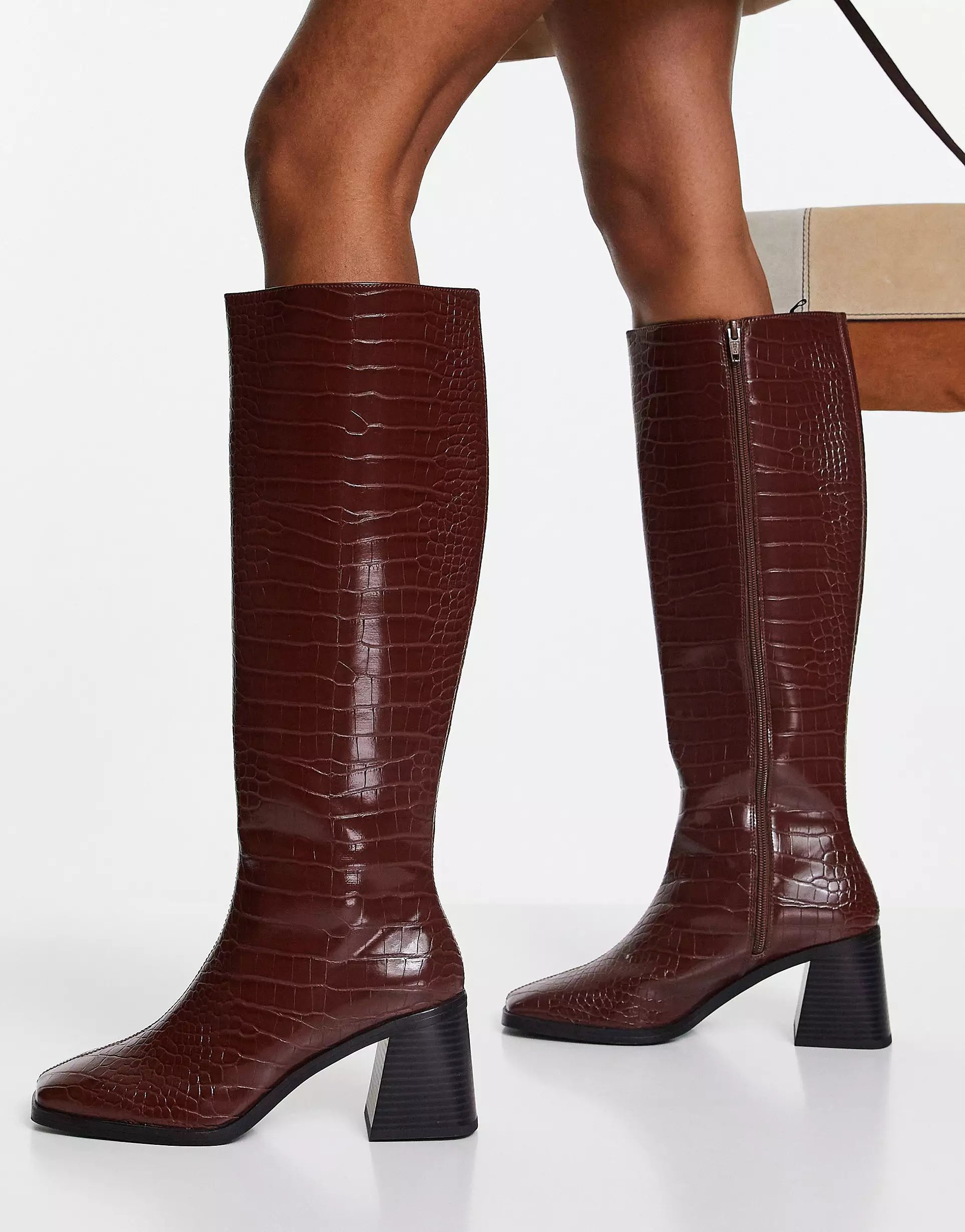 Monki leather knee high heeled croc boots in brown - BROWN | ASOS (Global)