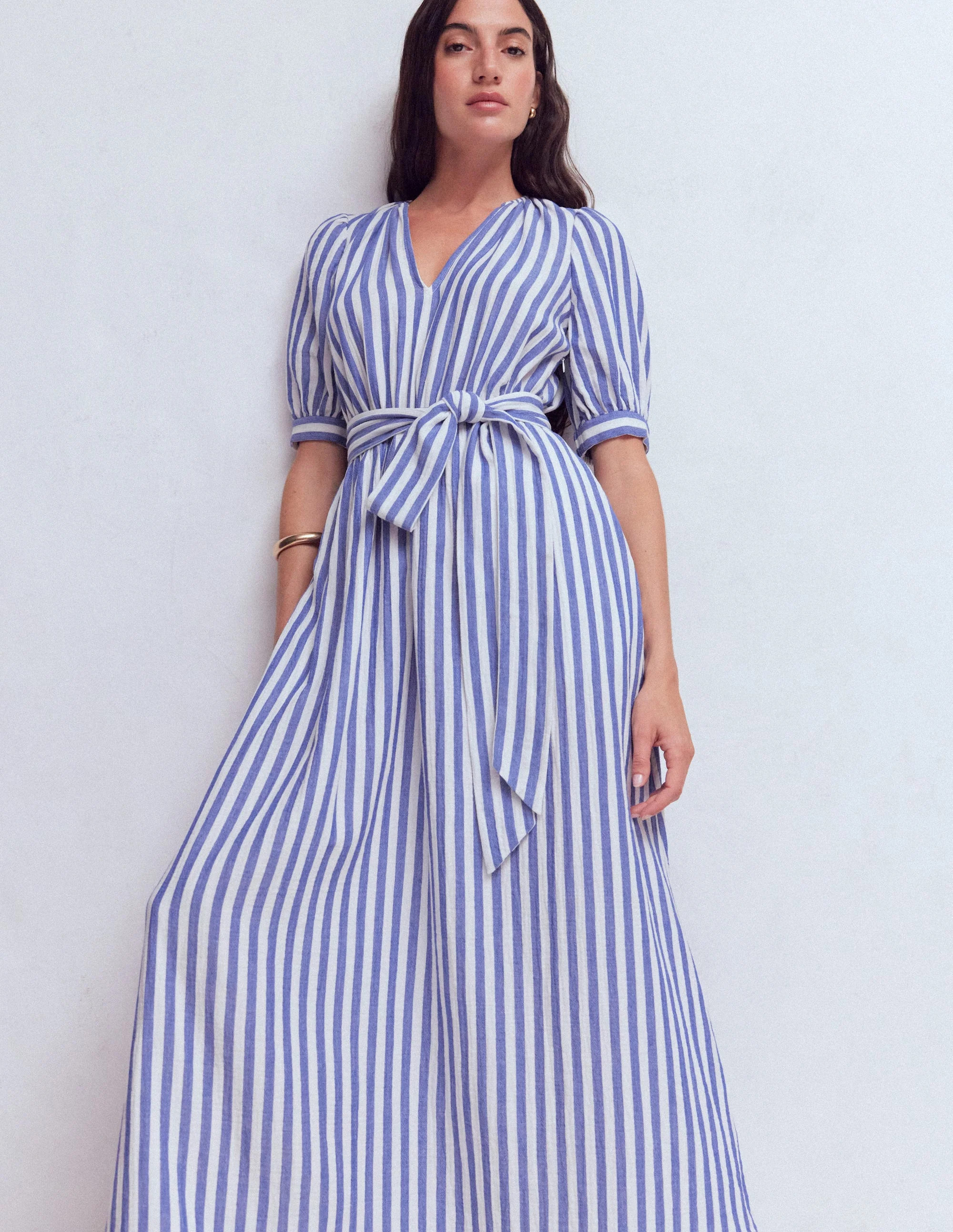 Double Cloth Puff Sleeve Dress-Blue Ivory Stripe | Boden UK