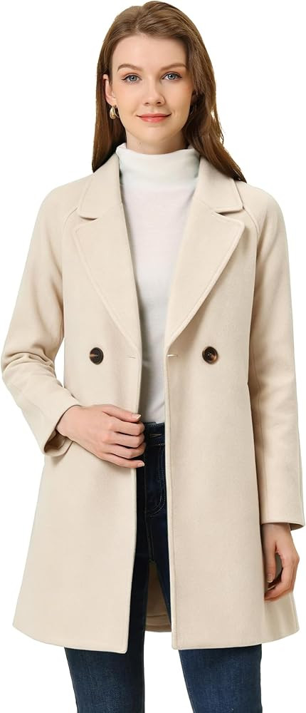 Allegra K Women's Notched Lapel Peacoat Double Breasted Trench Winter Coat | Amazon (US)