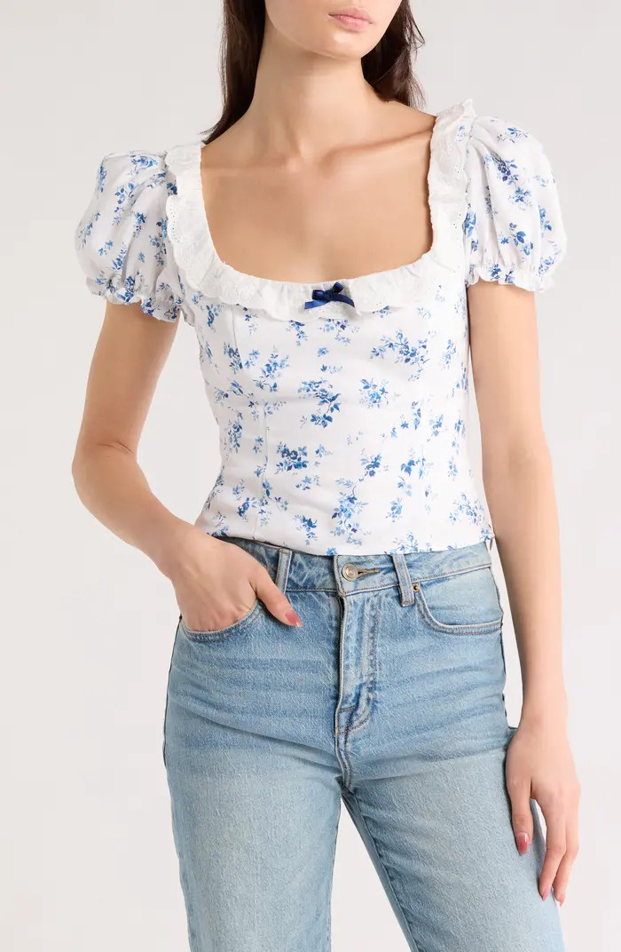 Reformation Alice Lace Trim Puff Sleeve Crop Top | Nordstrom | Nordstrom