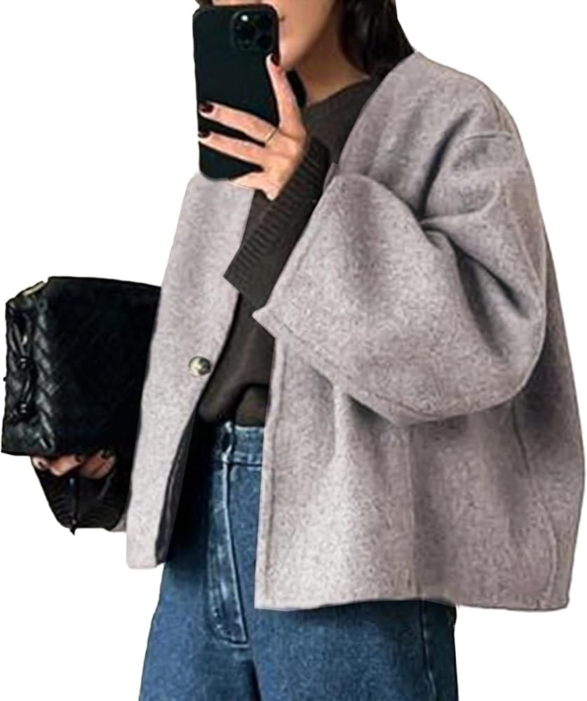 HOTIAN Women Cropped Wool Blend Coats Long Sleeve Coat Jacket Peacoat Fall Winter Outwear Overcoa... | Amazon (US)