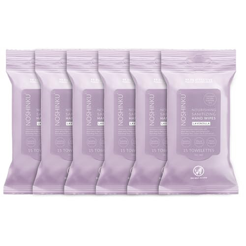 Noshinku Lavendula Hand Sanitizer Wipes, 6-Pack (90 Towelettes) – Resealable Travel Wipes with Ethyl Alcohol, Aloe & Green Tea, Plant-Based Fiber, Essential Oil Scents, Cruelty-Free & No Dyes | Amazon (US)