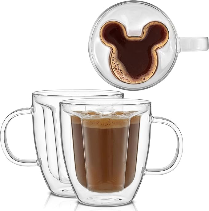 Amazon.com | JoyJolt Disney Mickey Mouse 3D Glass Cups Set of 2, 10oz Insulated Double Wall Glass... | Amazon (US)