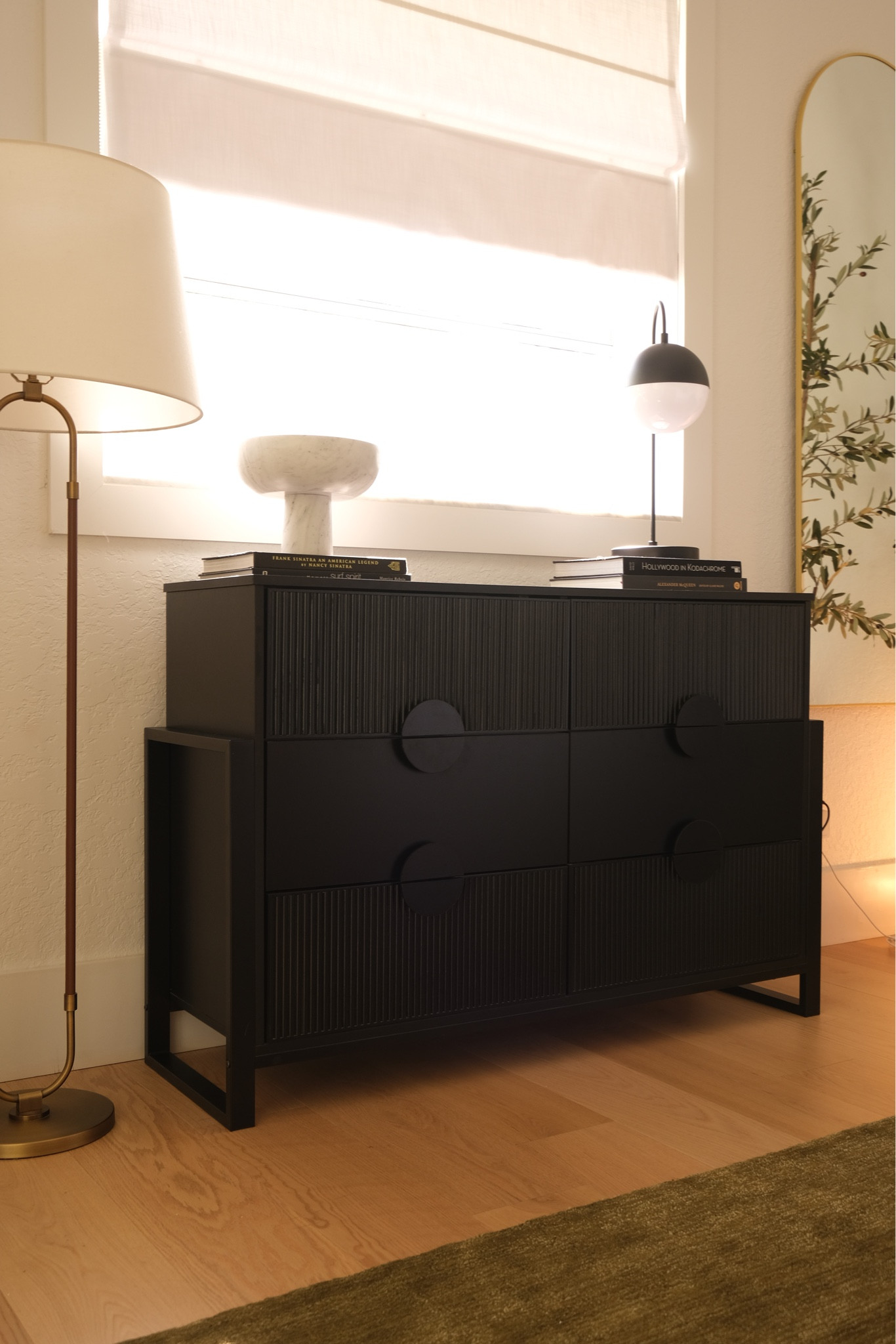 Neutral bedroom furniture and decor. Black dresser is an Amazon find. Green rug is super soft. Arched mirrors are so affordable! 

#LTKFindsUnder100 #LTKHome #LTKFindsUnder50