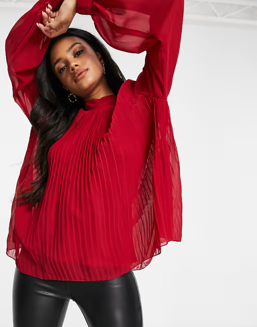 ASOS DESIGN long sleeve pleated trapeze top in berry | ASOS (Global)