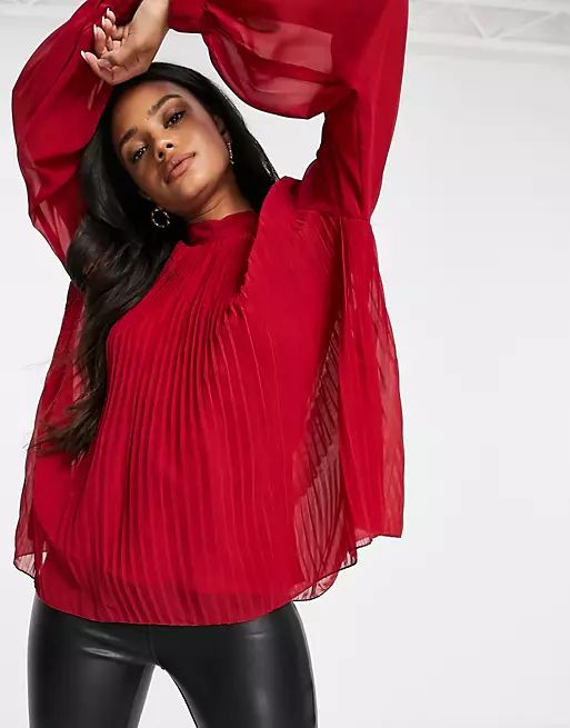 ASOS DESIGN long sleeve pleated trapeze top in berry | ASOS (Global)