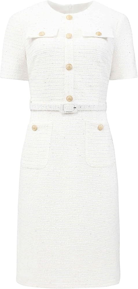 Women's Tweed Sheath Dress with Belted Short Sleeve Work 2026 Pencil Dress | Amazon (US)