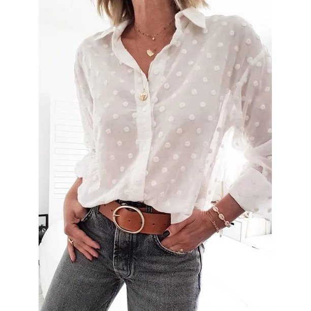 Hirigin Womens V Neck OL Shirt Polka Dot Blouses Long Sleeve Tops White,up to 2XL - Walmart.com | Walmart (US)