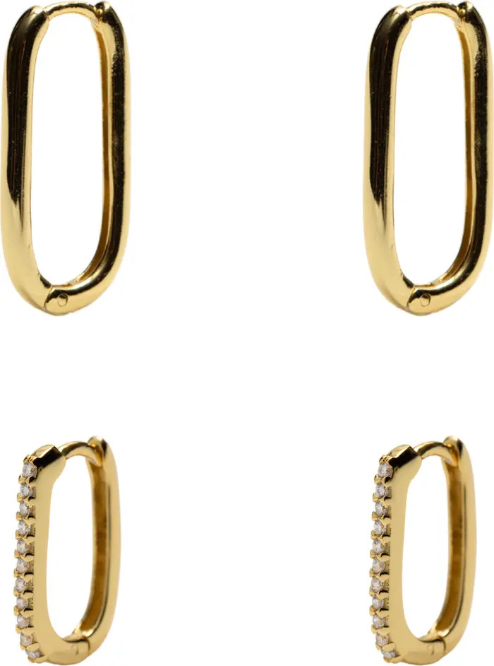 2 Pairs of 18K Gold Plate Sterling Silver Oblong Hoop Earrings | Nordstrom